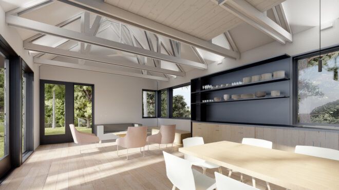A living room space connected to a dining room space
