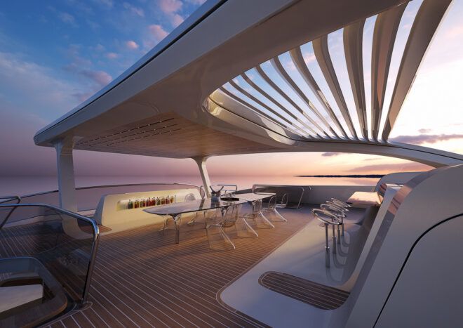 The outside lounging area of the catamaran