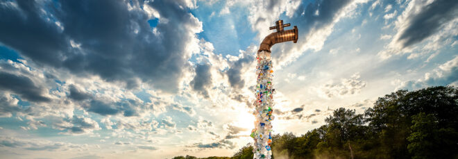 A giant suspended faucet spewing plastic