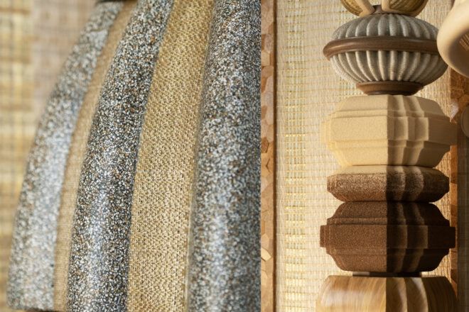 Close up detail of earthy toned materials that make up part of the frame