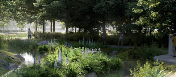 Rendering of a park with lots of greenery and a small creek in the front. People can be seen walking through the spaces