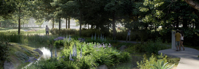 Rendering of a park with lots of greenery and a small creek in the front. People can be seen walking through the spaces
