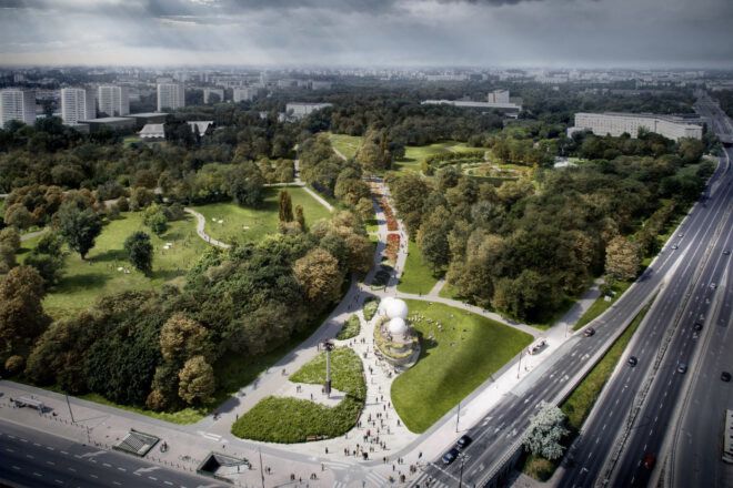 Aerial view of a park with lots of trees and greenery in a city