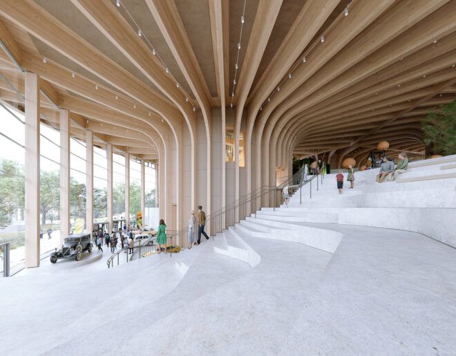 Inside of a wooden structure with white staircase