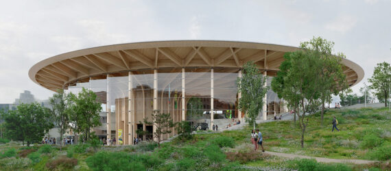 A wooden structure with a pavilion and pond area encompassing around it