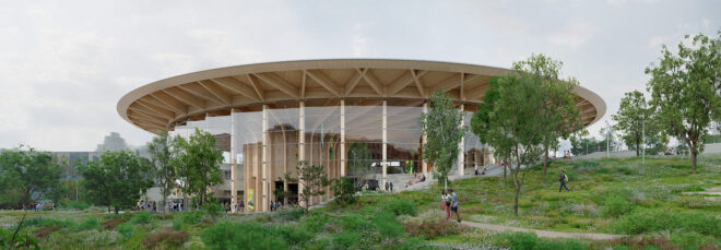 A wooden structure with a pavilion and pond area encompassing around it