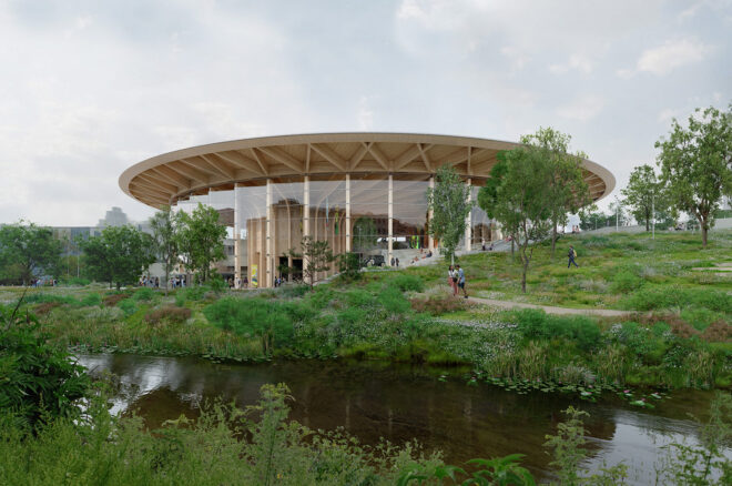 A wooden structure with a pavilion and pond area encompassing around it