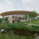 A wooden structure with a pavilion and pond area encompassing around it
