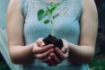 A person holding in their hands a plant stuck in soil