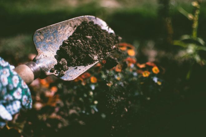 A small shovel scooping up dirt