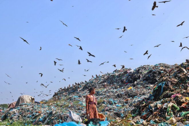 A person standing in a landfill