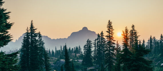Sunset horizon along a mountain and forest area