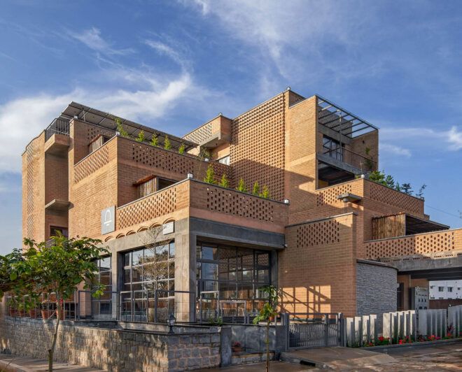 An eco-hotel with a stacked and blocky architecture