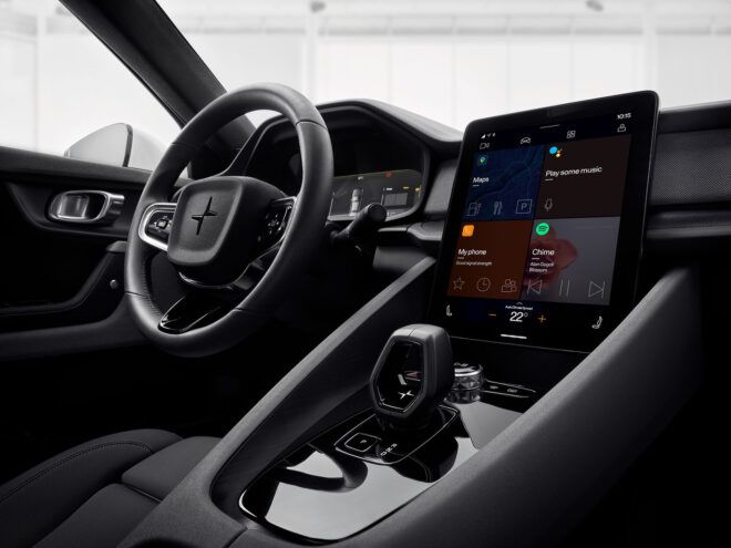 The interior black steering wheel and navigation screen