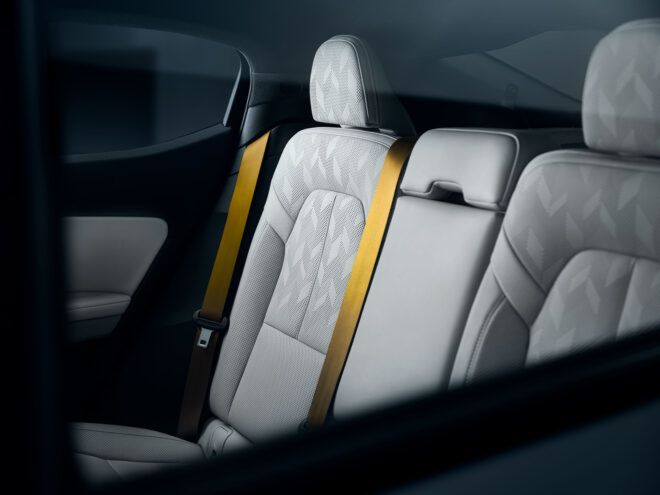 Leather gray back seating with gold seatbelt straps