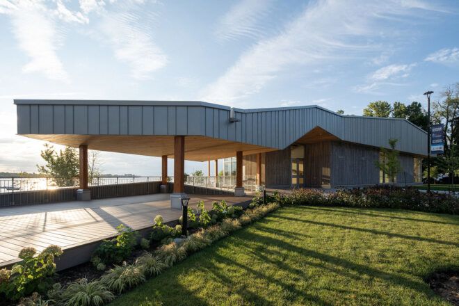 The public space has a roof that mimics a tree canopy.
