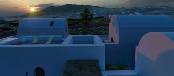 Santorini residencies' roofs at sunset