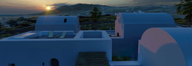 Santorini residencies' roofs at sunset