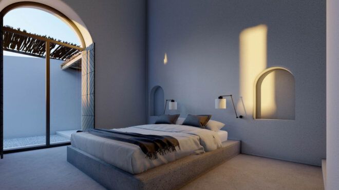 The primary suite in the Santorini home