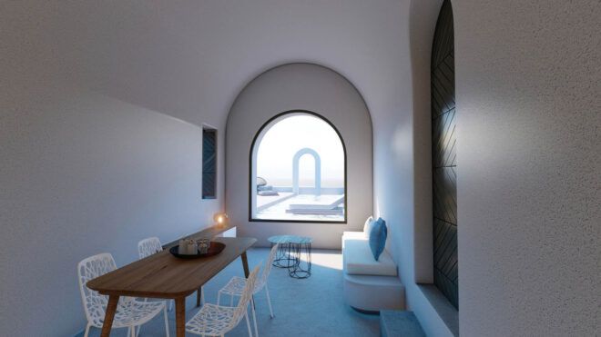 Inside one of the residencies with a large arch window