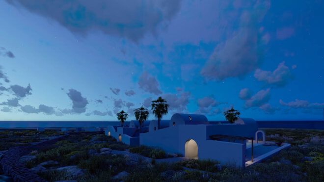 An evening sky with clouds above the residencies
