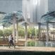 Rendering of people walking, painting, and relaxing under the blue mosaic canopy created by the galleries