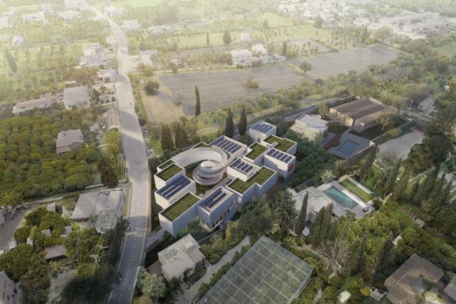 Aerial rendering of the museum, showing its green roofs, spiral ramp, tangerine trees and surrounding context