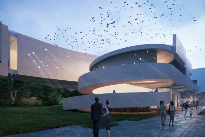 Evening rendering of the museum showing people walking to the entrance and on the spiral ramp