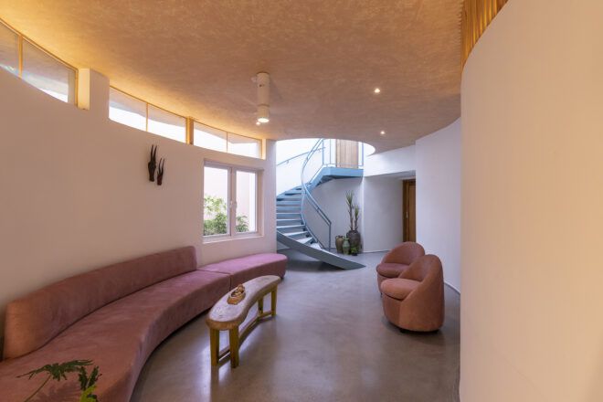 An interior area with curved walls