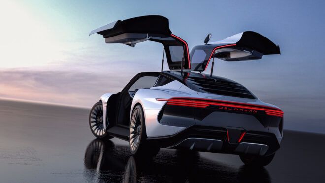 A car with both doors pulled upwards like wings