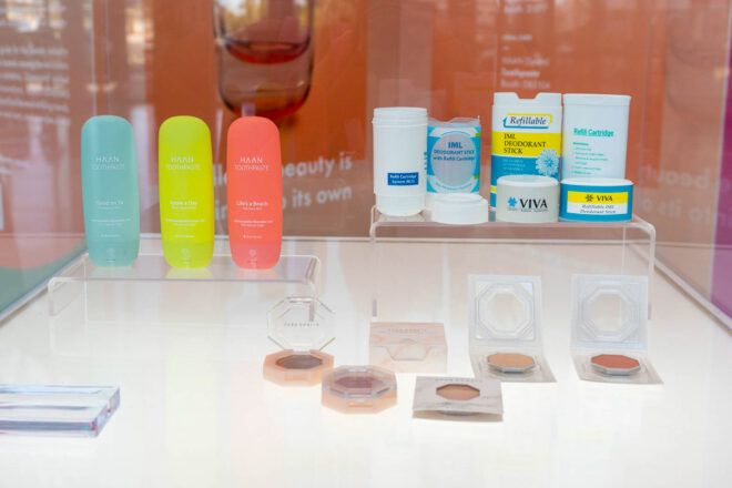 A display case of refillable products