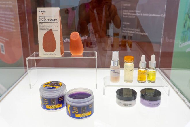 A display case of Black-owned products