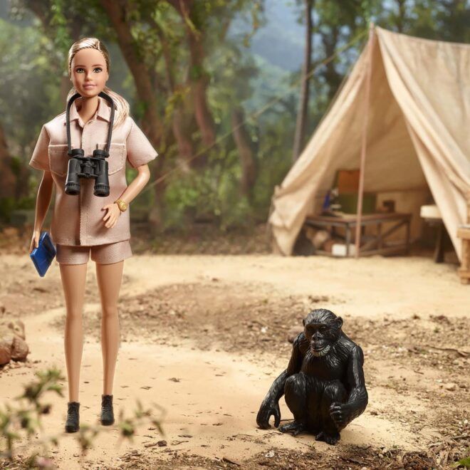 The Dr. Jane Goodall Barbie with a chimpanzee