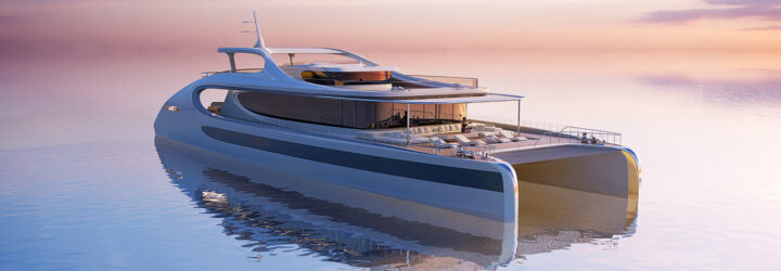 A catamaran floating in a water