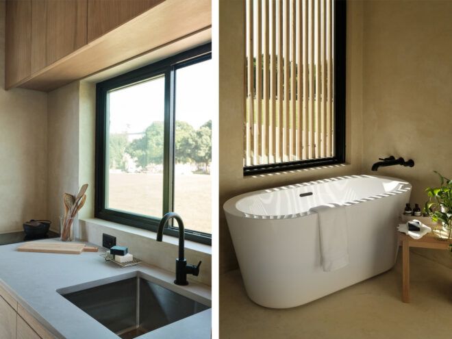 The modern Studio Villa kitchen and bathroom.