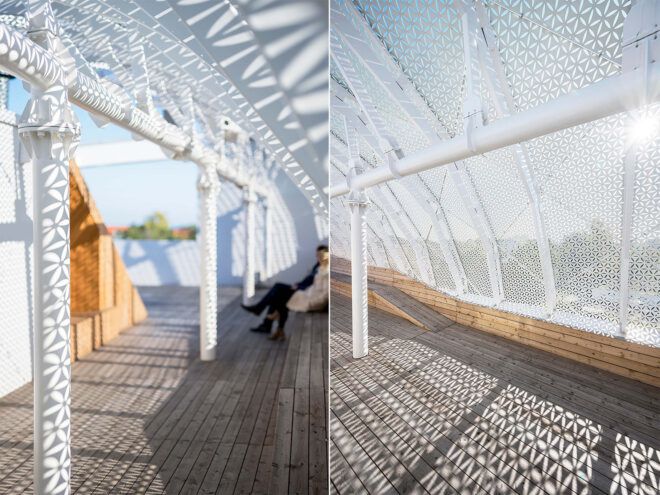 The terrace highlighting the floral like shadows from the building's exterior