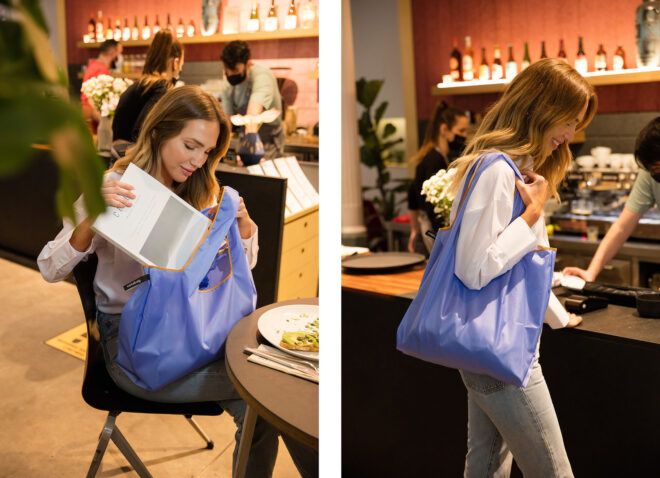 Two images of a woman holding a purple tote bag