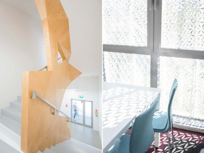 An interior stairwell and sitting area