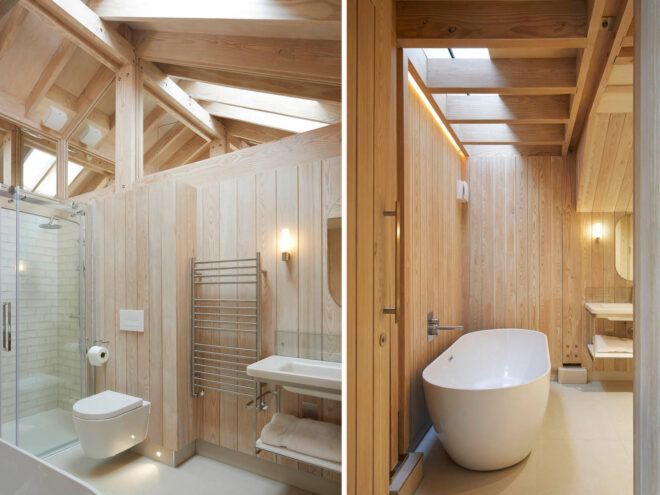 A renovated, modern bathroom with a wood focus