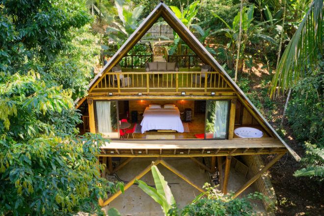 A bamboo house that is multistory
