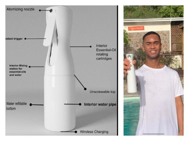 Two images left to right: A white air spray canister, on the right is a young boy holding the canister wearing a white t-shirt