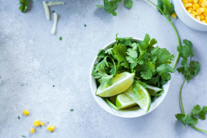 Cilantro herb in a bowl with limes on a counter