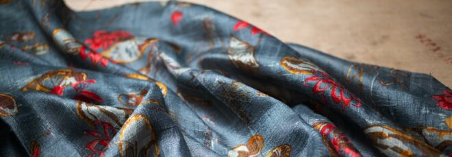 A floral printed blue silk fabric