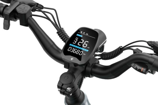 An LCD display attached to the e-bike.