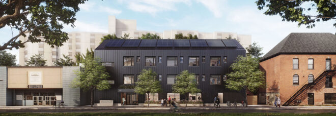 Exterior of the Hamilton Passive House Modular Housing beside another building