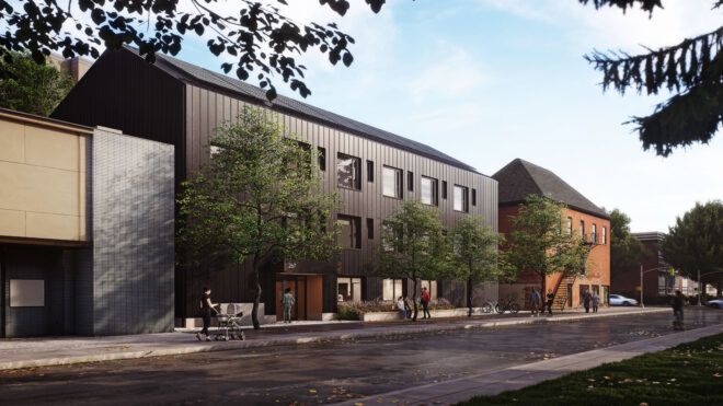 Black exterior of the modular housing building