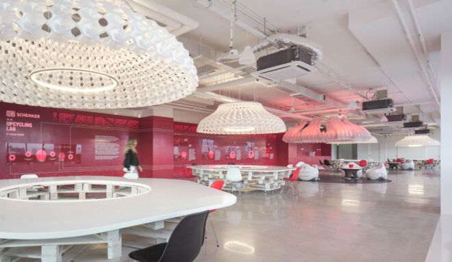 The upcycling hub with tables and chandeliers