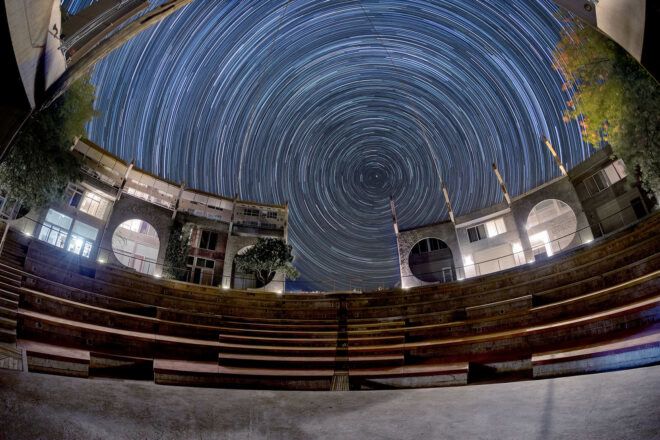 An outdoor amphitheater at night