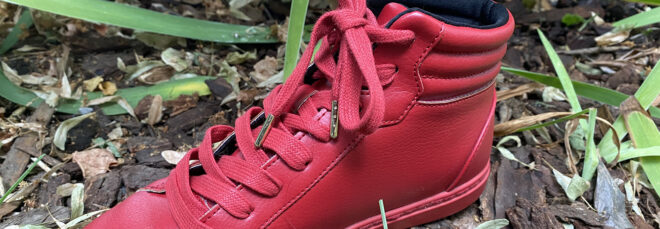 A red sneaker in an area of dirt, rocks and grass