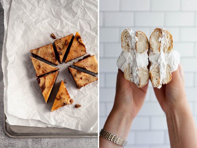 Perfect Day cream cheese being used on a bagel and food